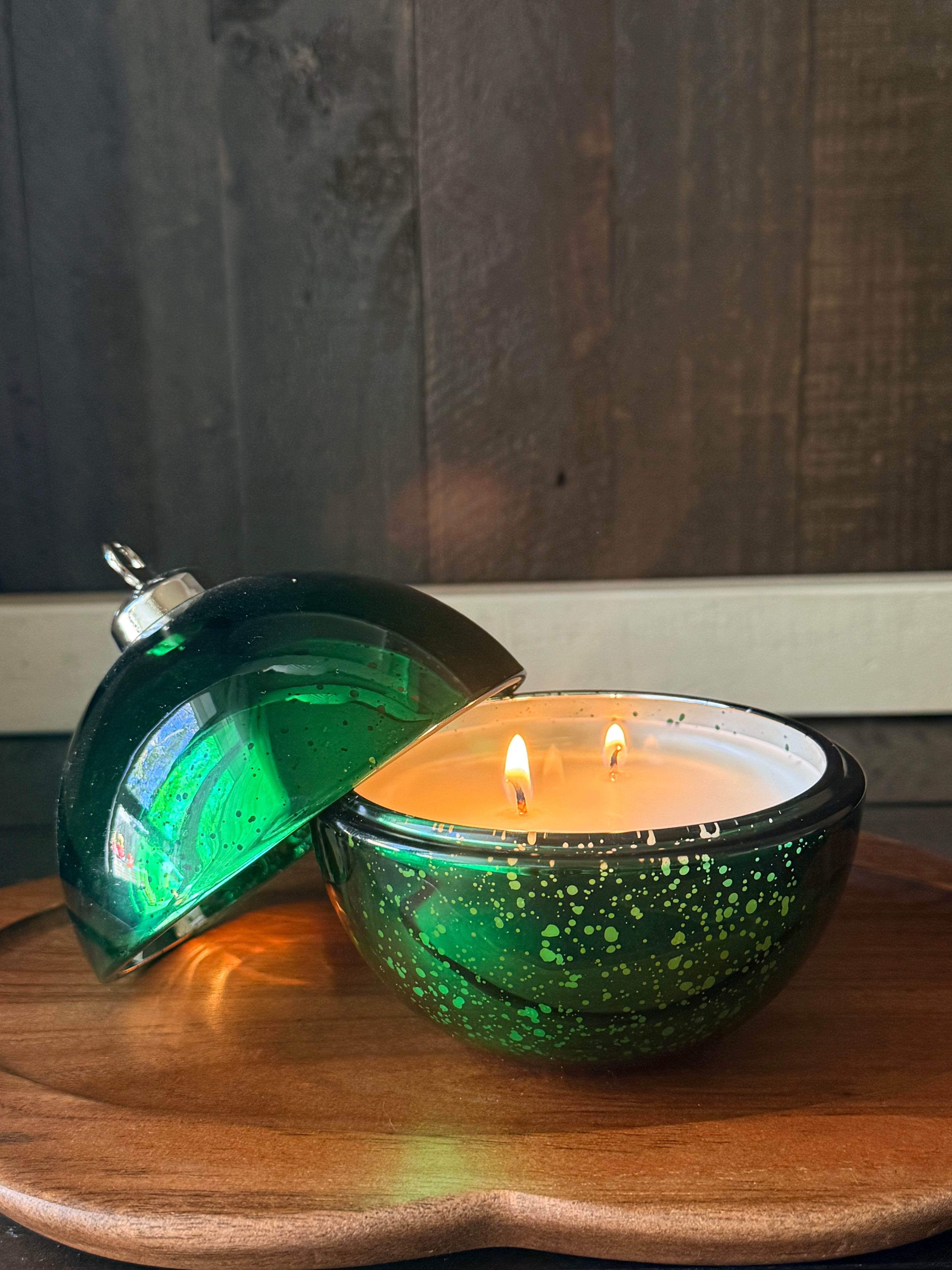 Holiday Haven: 7 oz Green Ornament Candle.  Orange•Clove•Fir•Cypress